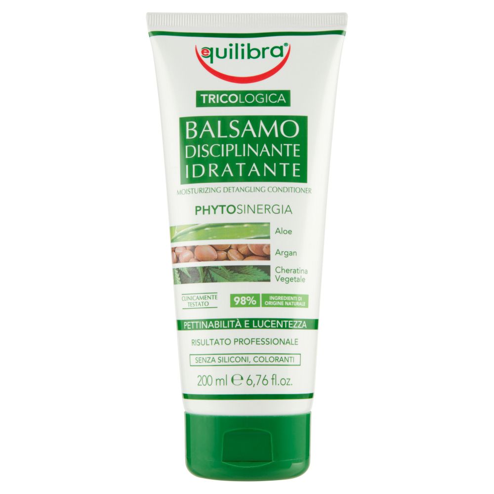 Tubo bianco e verde. Testo: Equilibra Tricologica Balsamo Disciplinante Idratante. Contiene Aloe, Argan, Cheratina. 200 ml.