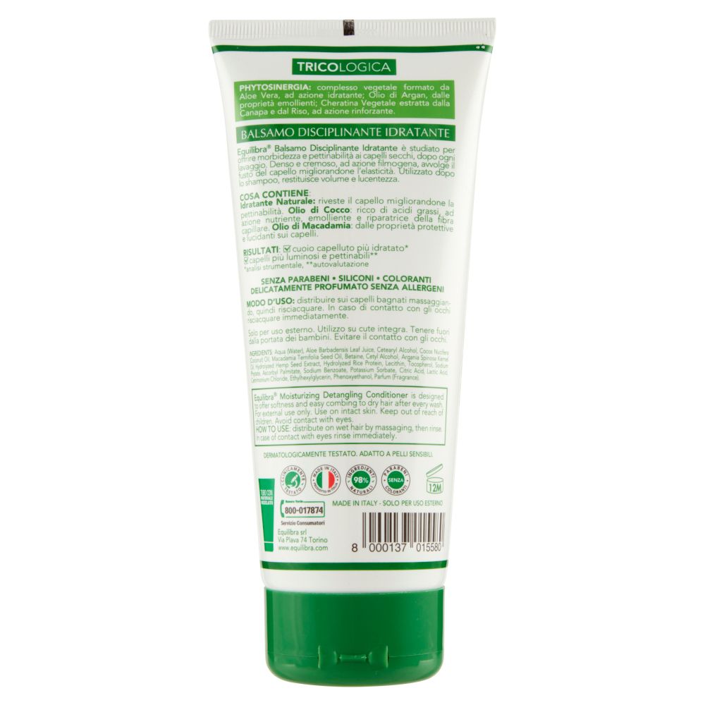 Retro di un tubo bianco e verde. Testo: Equilibra Balsamo Disciplinante Idratante. Ingredienti, istruzioni per l'uso, certificazioni.