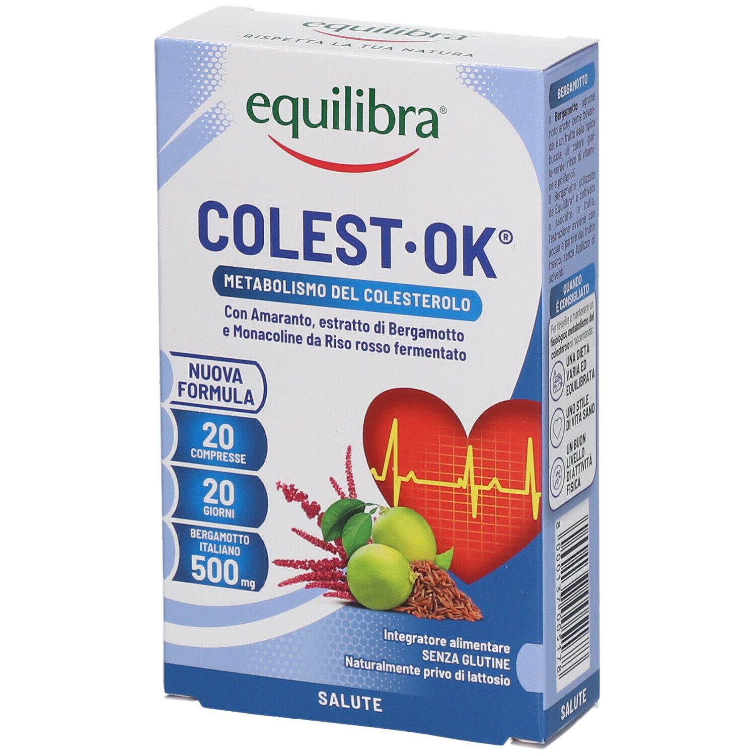 Confezione di Equilibra® Colest Ok® con nome e dettagli. Contiene 20 compresse. Grafica cuore ed ECG.