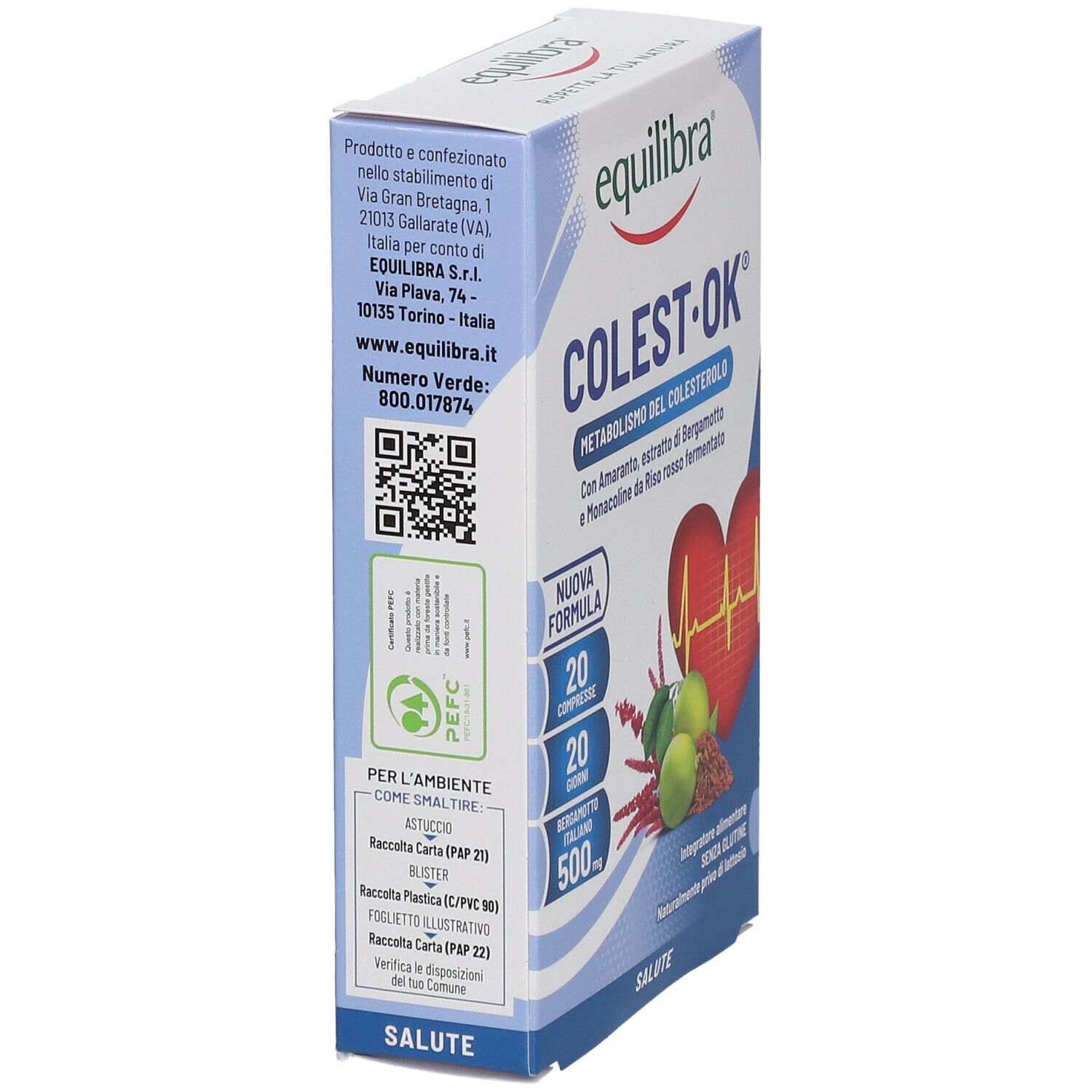 Vista laterale della confezione Equilibra® Colest Ok®. Contiene codice QR, informazioni riciclo e nome prodotto.