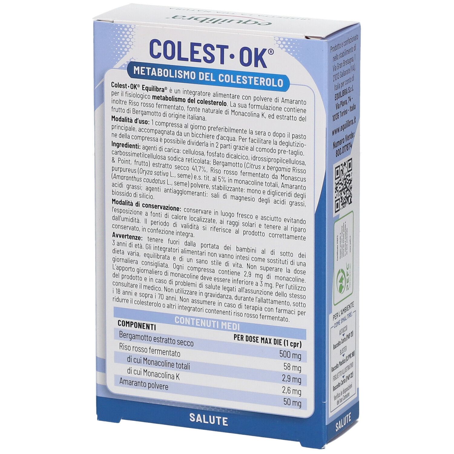Retro della confezione Equilibra® Colest Ok® con ingredienti e istruzioni. Testo in italiano.