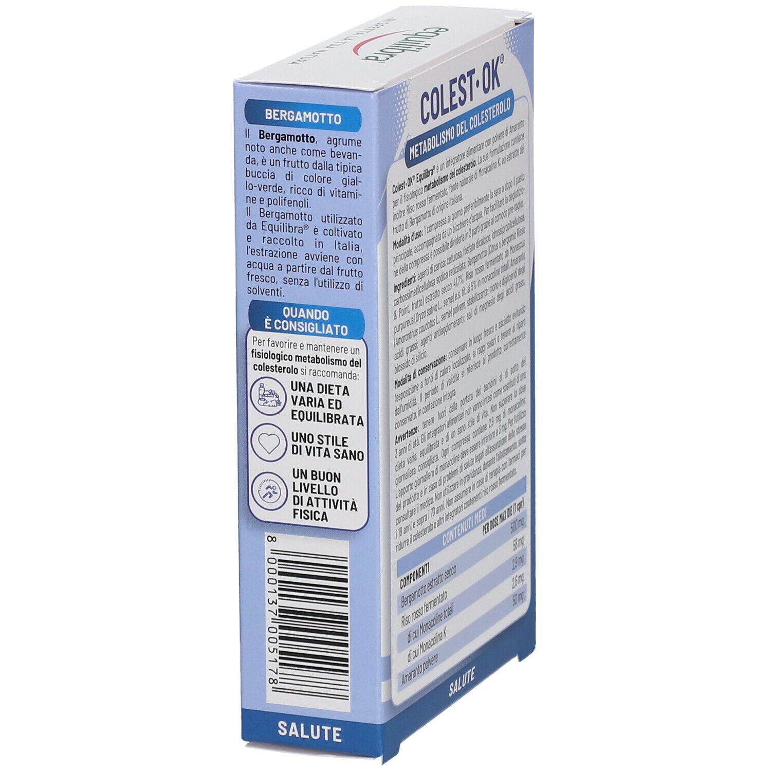 Vista laterale della confezione Equilibra® Colest Ok® con testo su ingredienti e raccomandazioni. Testo italiano.