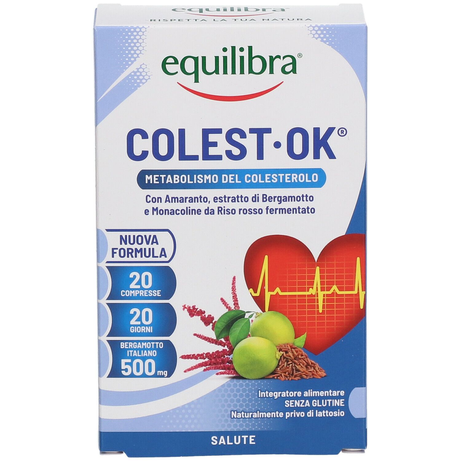 Vista frontale della confezione Equilibra® Colest Ok® con nome, ingredienti e grafica. 20 compresse.