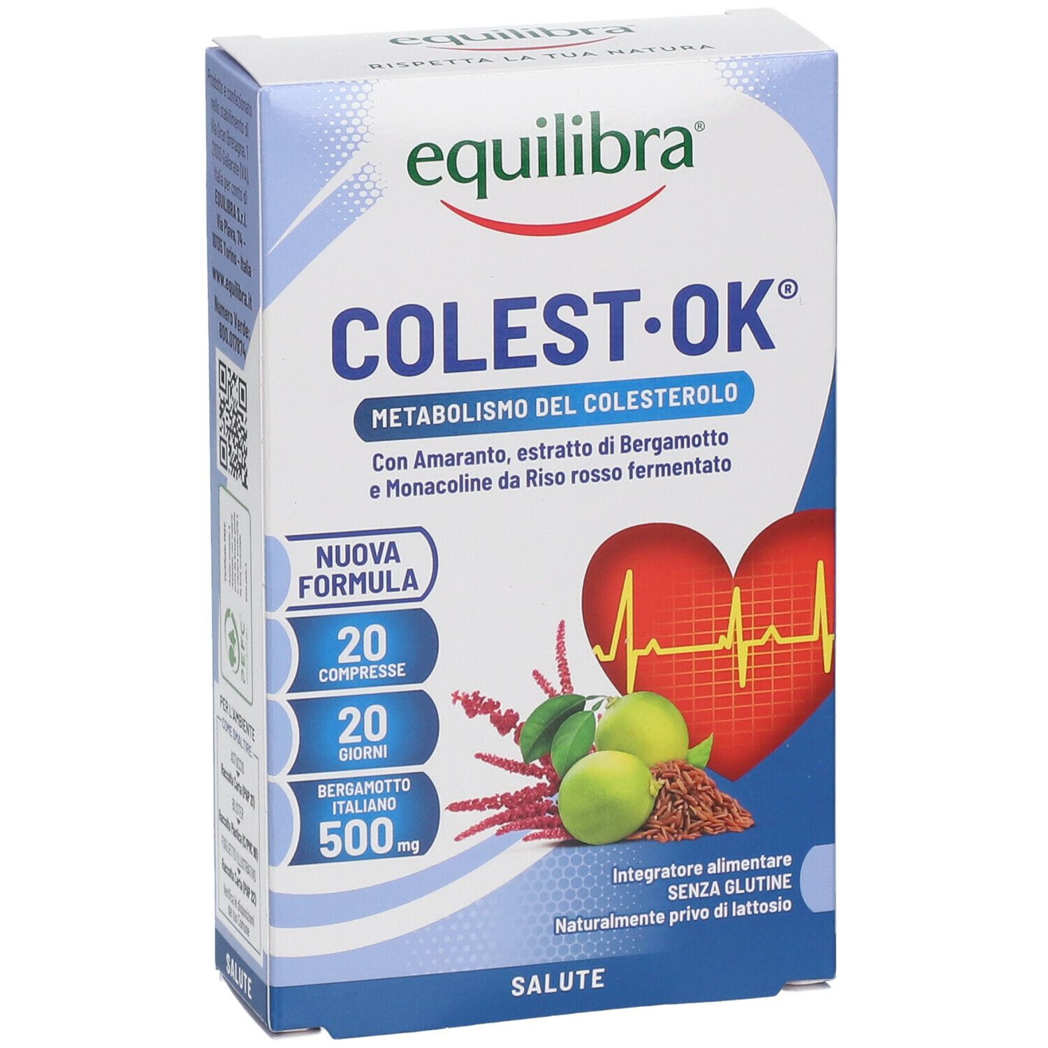 Vista frontale della confezione Equilibra® Colest Ok® con nome, ingredienti e grafica. 20 compresse.