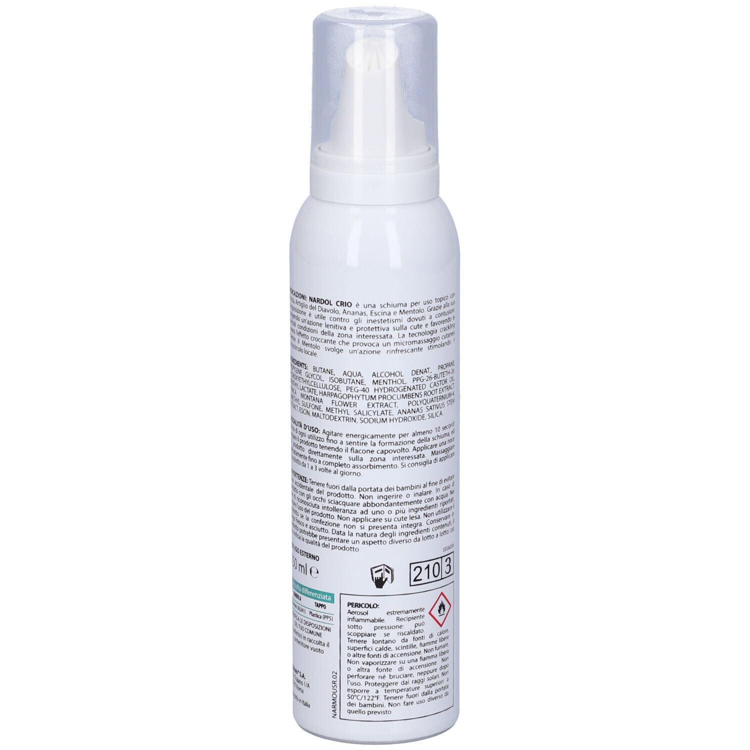 Weißes Flasche mit grünem Etikett. Text: nardol CRIO MOUSSE. Rückseite mit Text und Warnhinweisen. Enthält Arnika, Teufelskralle, Ananas, Rosskastanie und Menthol.