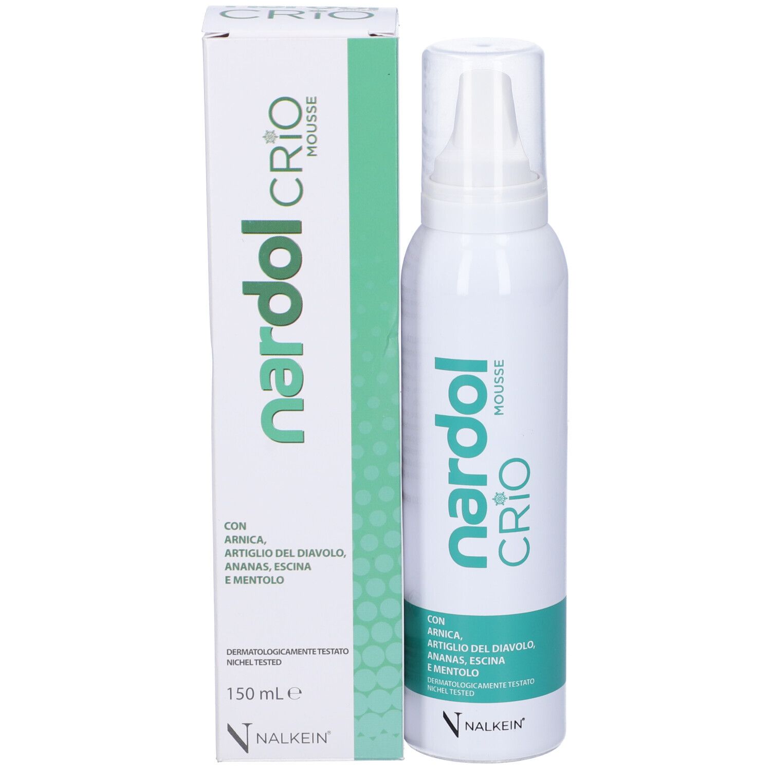 Produktverpackung. Weißer Karton mit grünem Etikett. Text: nardol CRIO MOUSSE. Enthält Arnika, Teufelskralle, Ananas, Rosskastanie und Menthol. Flasche daneben.