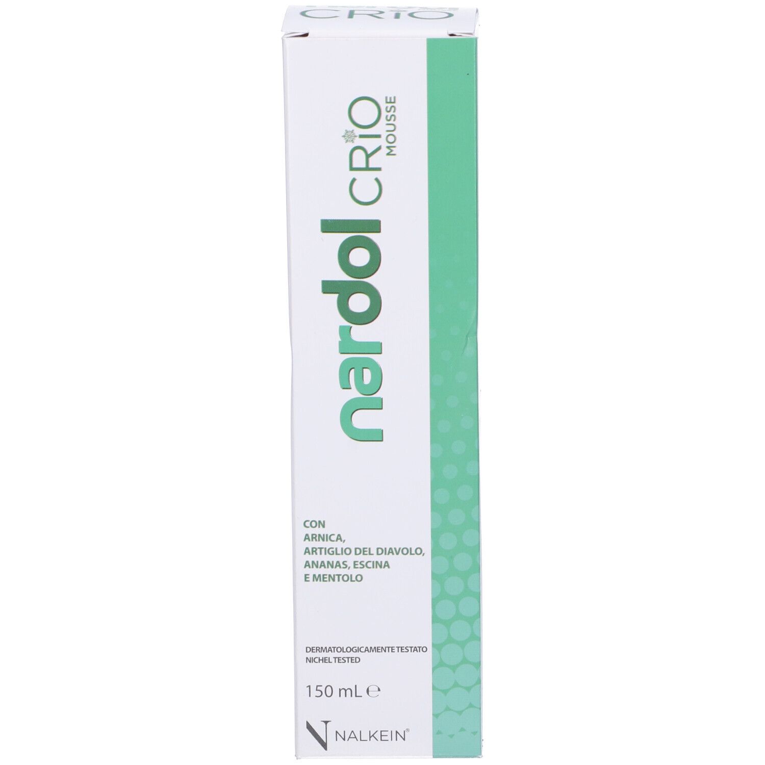 Produktverpackung. Weißer Karton mit grünem Etikett. Text: nardol CRIO MOUSSE. Enthält Arnika, Teufelskralle, Ananas, Rosskastanie und Menthol.