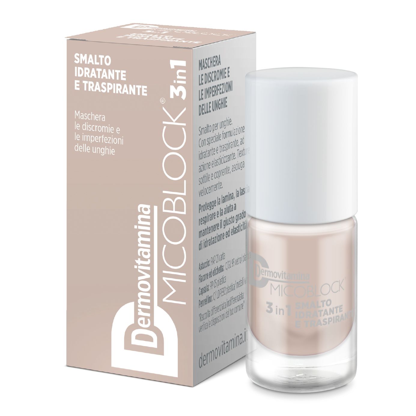 Flacone di smalto e confezione. Colore beige. Scritta: Dermovitamina Micoblock 3 in 1 Smalto Idratante e Traspirante.