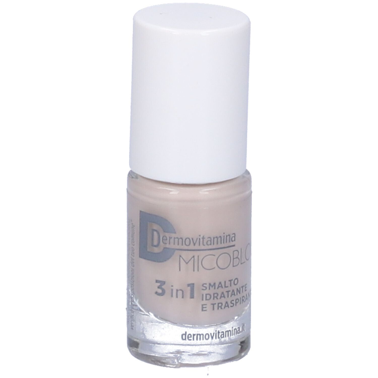 Flacone di smalto, beige. Scritta: Dermovitamina Micoblock 3 in 1 Smalto Idratante e Traspirante.