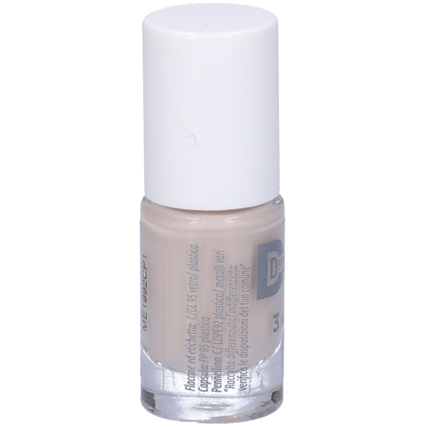 Flacone di smalto, beige. Scritta: Dermovitamina Micoblock 3 in 1 Smalto Idratante e Traspirante.