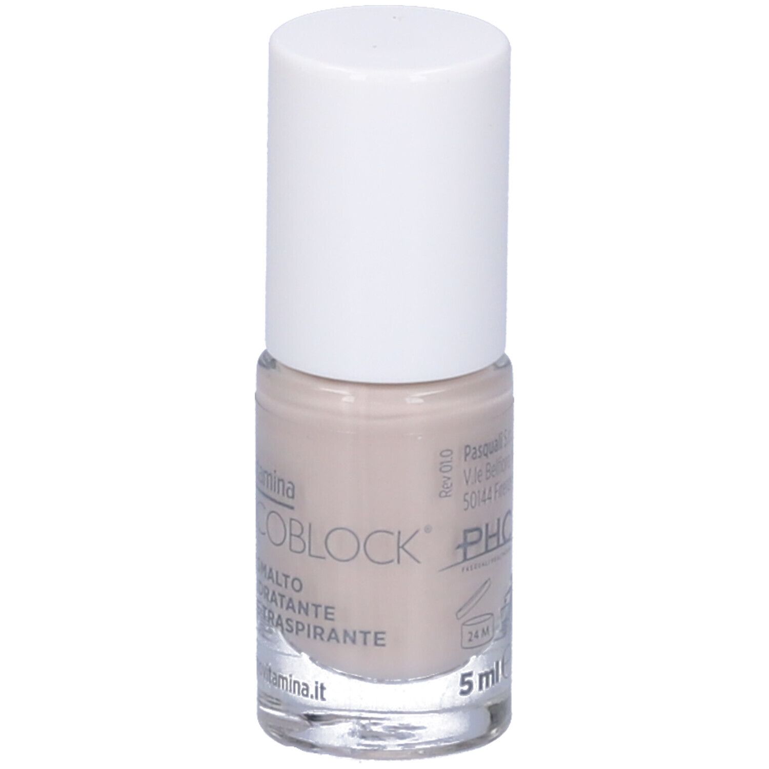 Flacone di smalto, beige. Scritta: Dermovitamina Micoblock 3 in 1 Smalto Idratante e Traspirante. 5 ml.