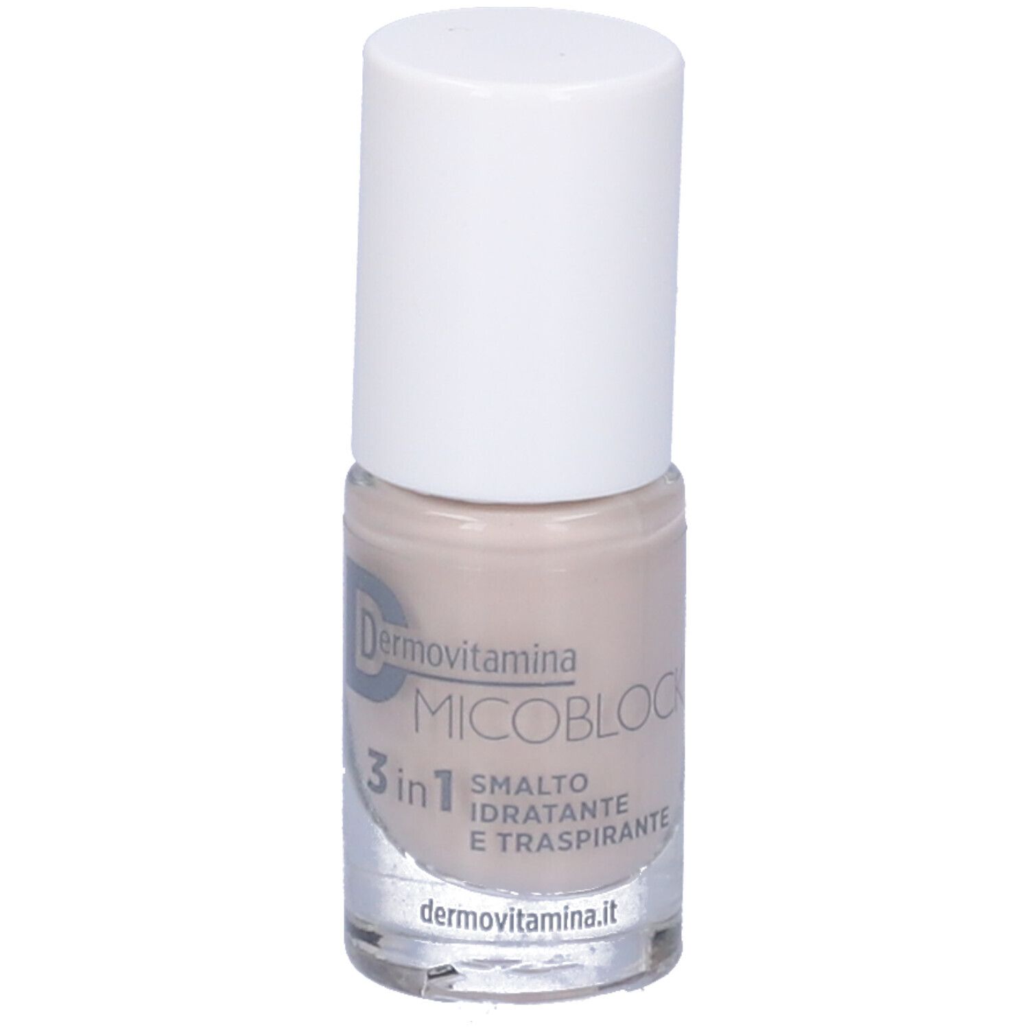 Flacone di smalto, beige. Scritta: Dermovitamina Micoblock 3 in 1 Smalto Idratante e Traspirante. 5 ml.