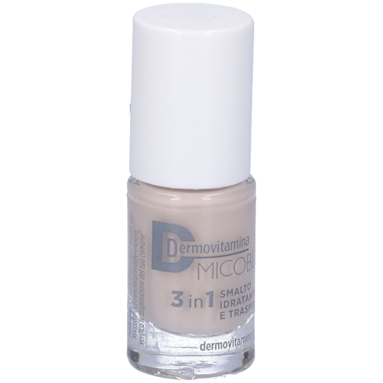 Flacone di smalto, beige. Scritta: Dermovitamina Micoblock 3 in 1 Smalto Idratante e Traspirante. 5 ml.