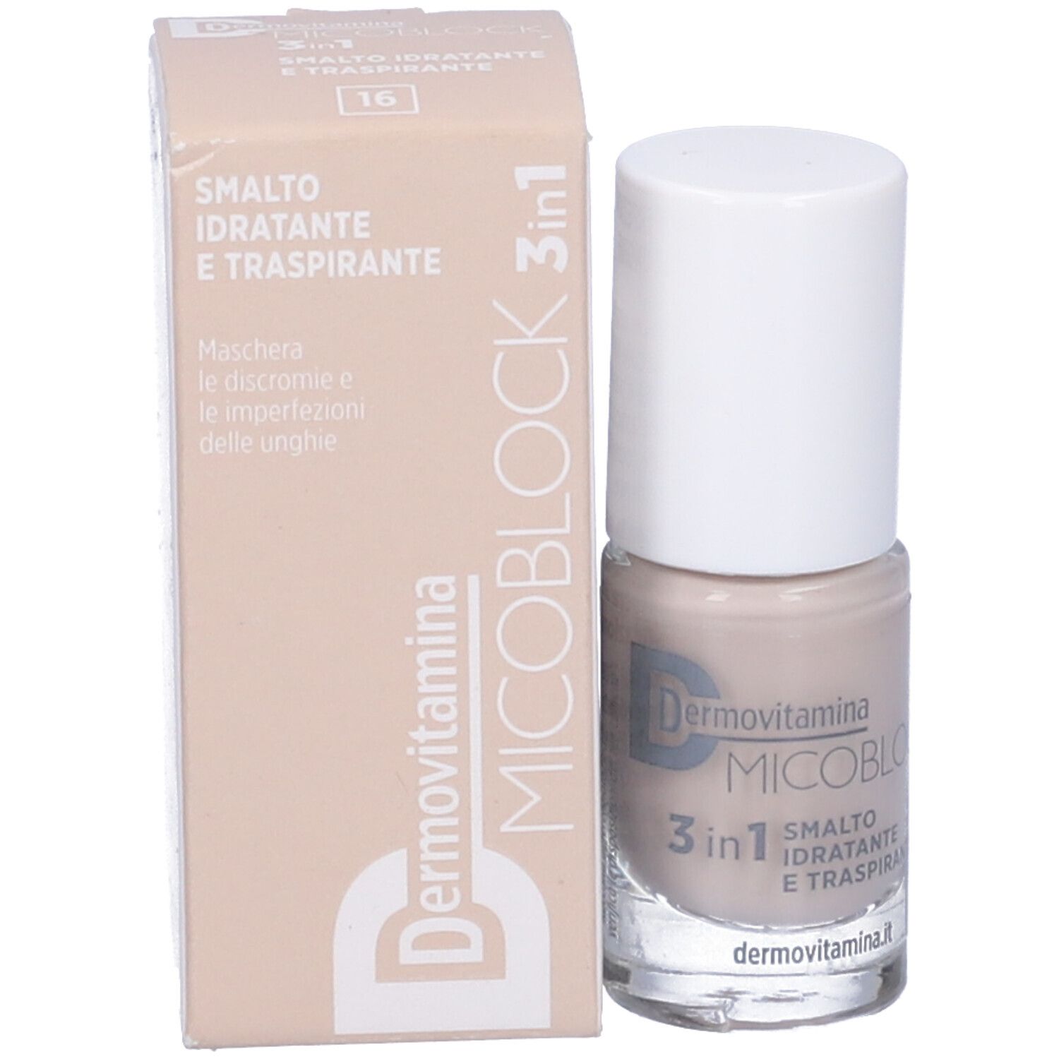 Flacone di smalto e confezione. Colore beige. Scritta: Dermovitamina Micoblock 3 in 1 Smalto Idratante e Traspirante.