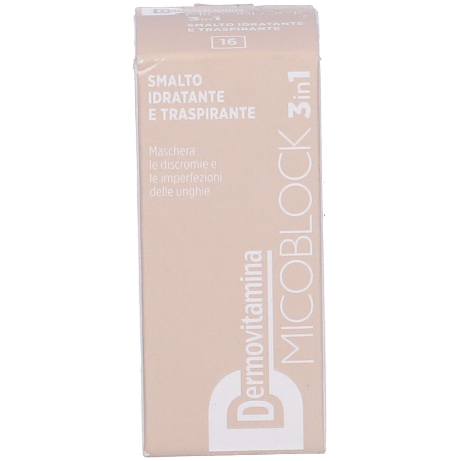 Confezione, beige. Scritta: Dermovitamina Micoblock 3 in 1 Smalto Idratante e Traspirante.