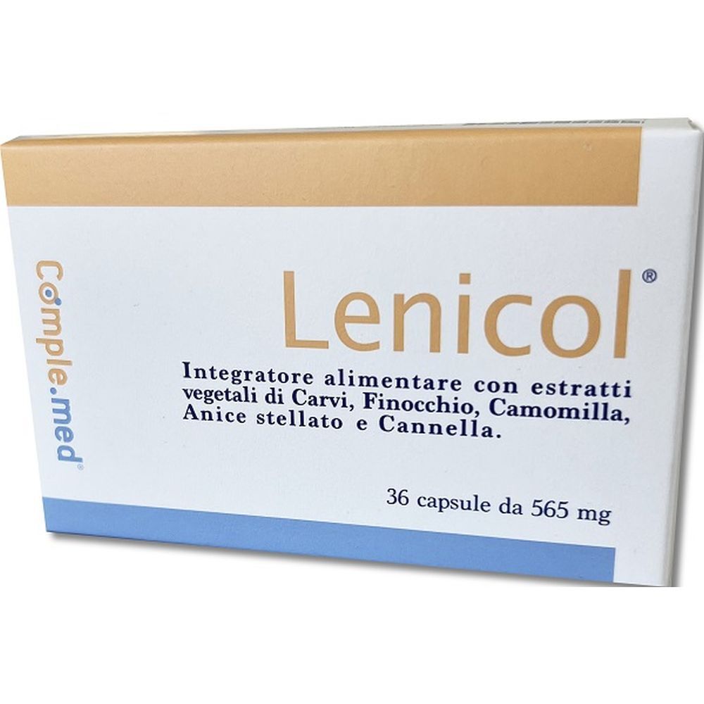 Scatola di integratore alimentare Lenicol. Contiene 36 capsule. Scritto: Integratore alimentare con estratti vegetali.
