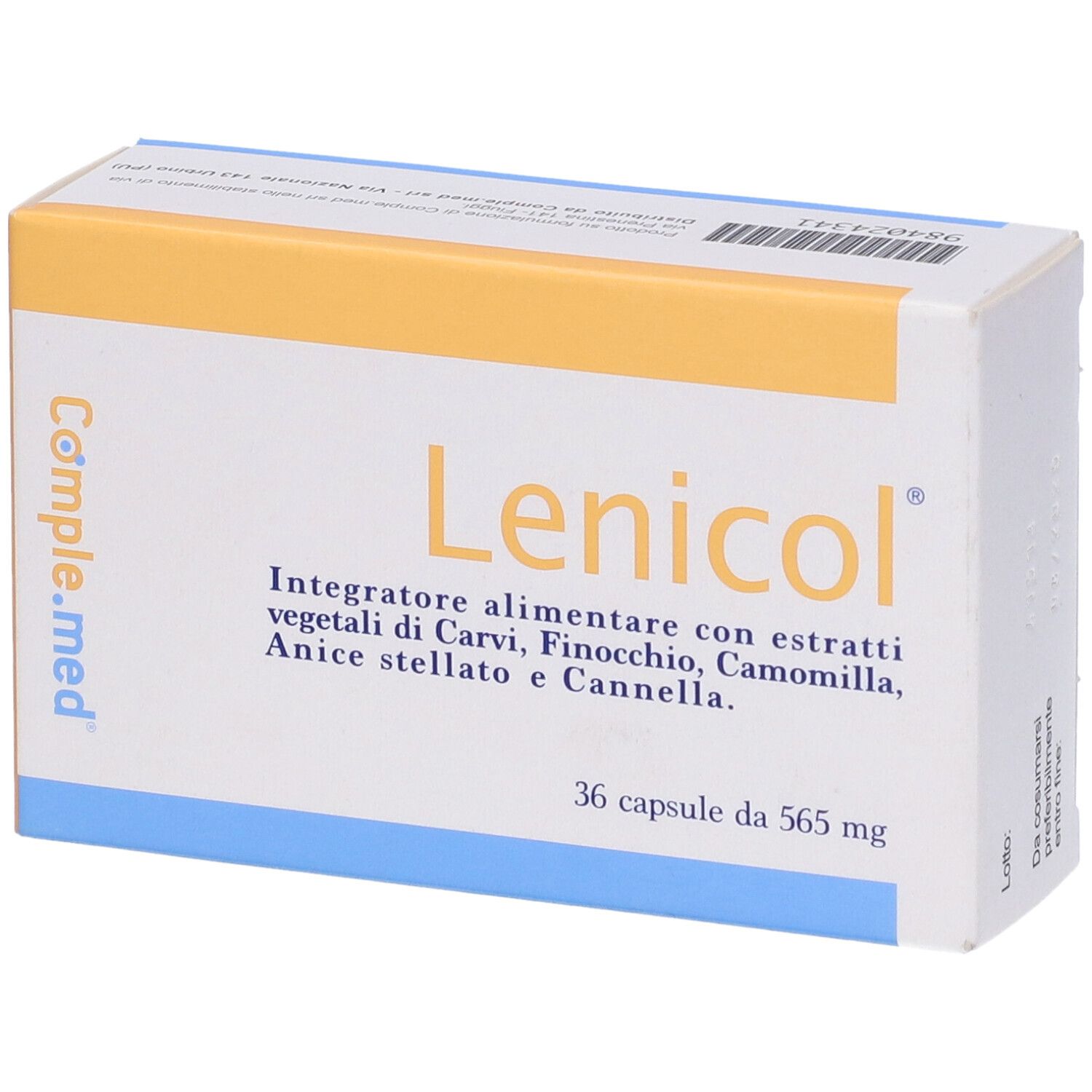 Scatola Lenicol con 36 capsule. Scritto: Integratore alimentare con estratti vegetali di Carvi, Finocchio, Camomilla, Anice stellato e Cannella.