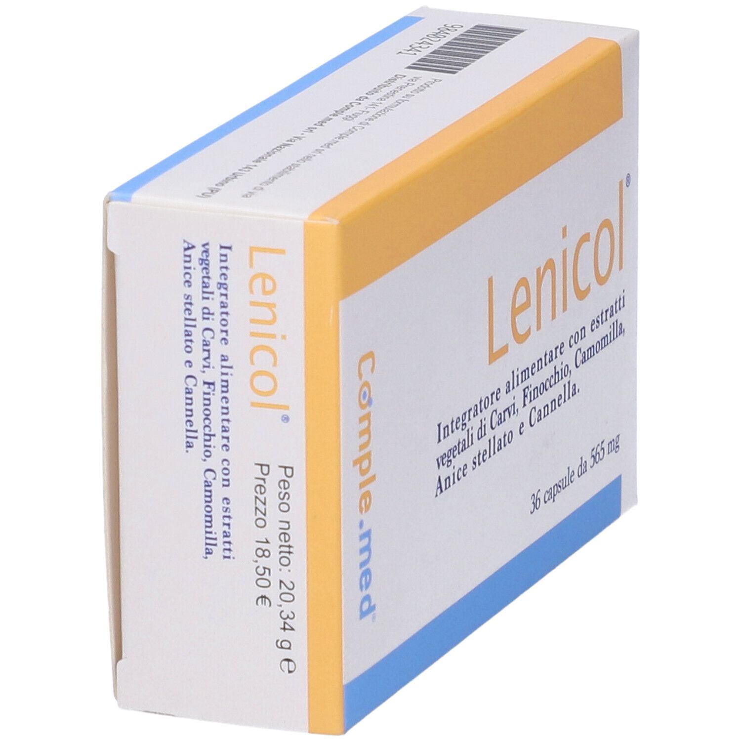 Scatola Lenicol, angolata. Scritto: Integratore alimentare con estratti vegetali. Prezzo: 18,50 €.