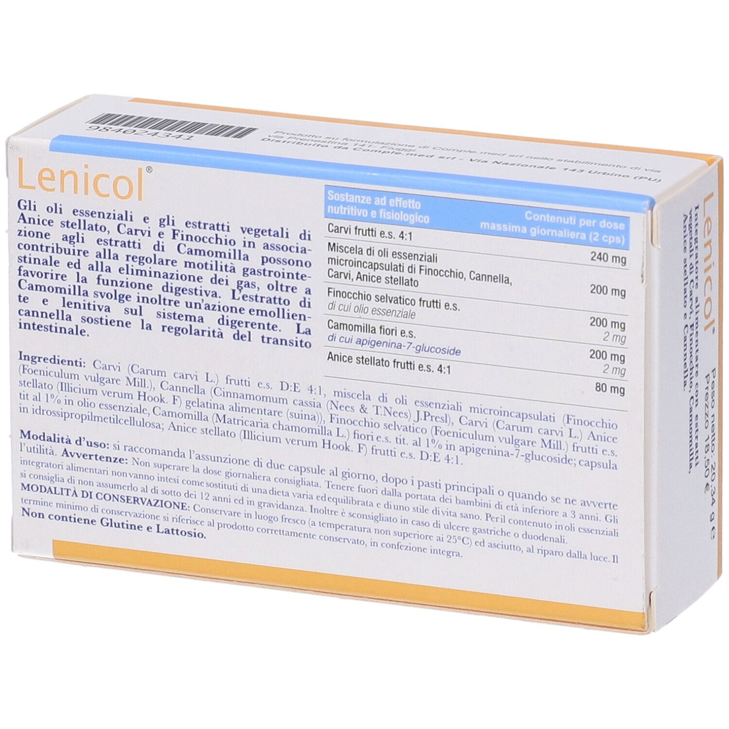 Retro della scatola Lenicol. Contiene informazioni sugli ingredienti e i valori nutrizionali. Testo in italiano.