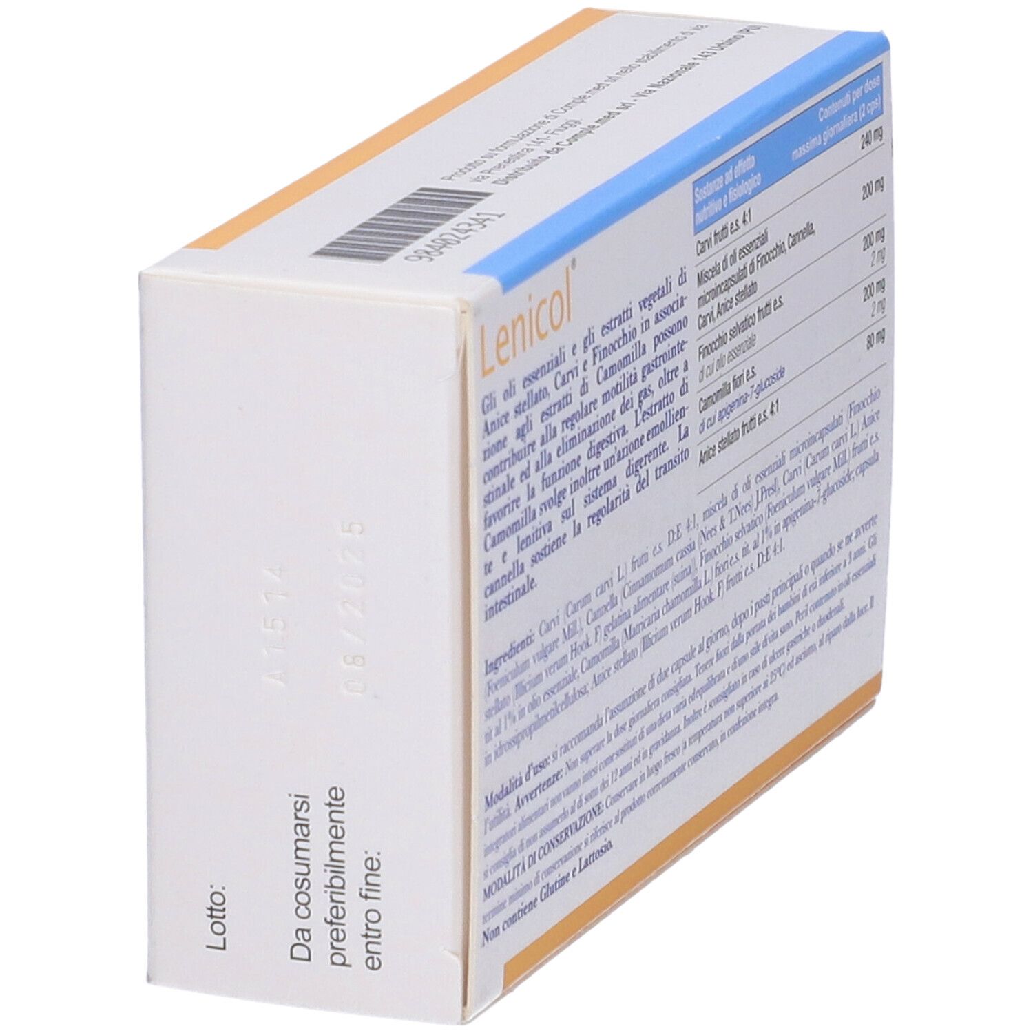 Scatola Lenicol, angolata. Scritto: Da consumarsi preferibilmente entro fine: [data].