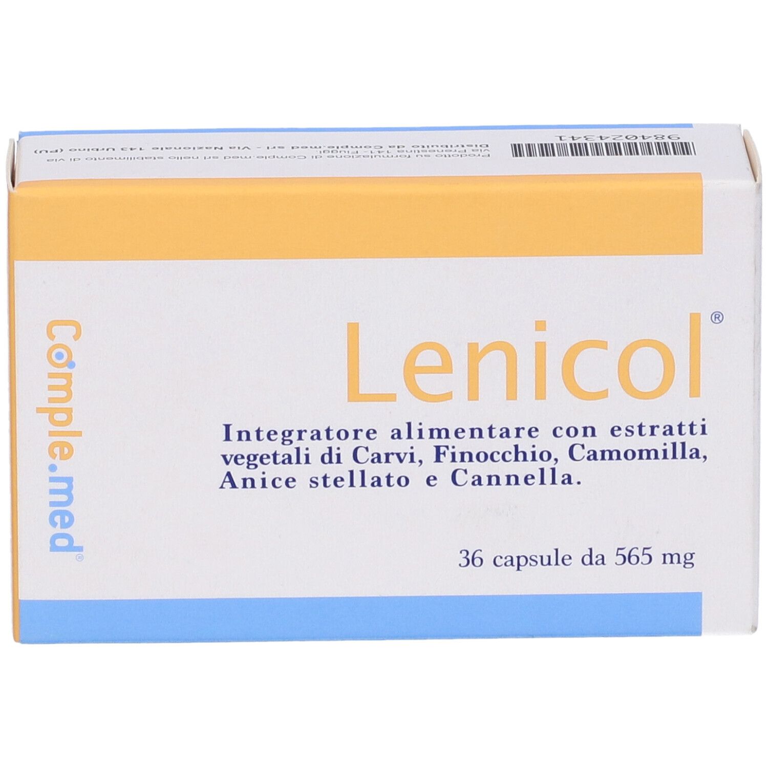 Scatola Lenicol con banda blu. Scritto: Integratore alimentare con estratti vegetali di Carvi, Finocchio, Camomilla, Anice stellato e Cannella.