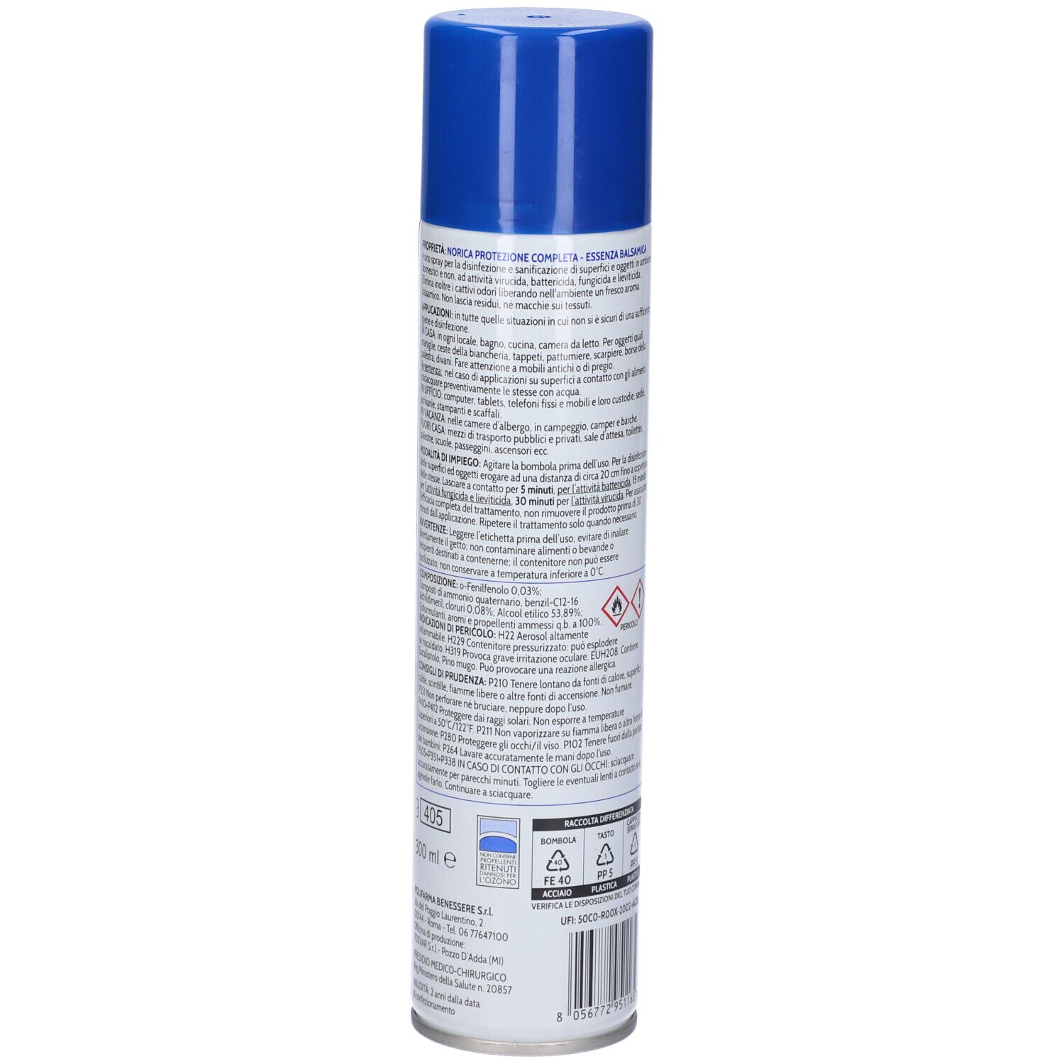 Rückseite der Sprühdose. Text in italienischer Sprache. Warnhinweise und Recycling-Symbole. Blauer Deckel.
