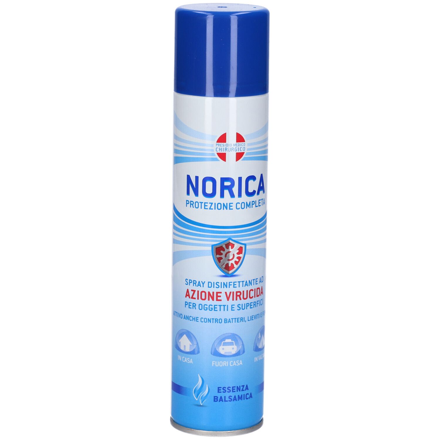 Zylindrische Sprühdose mit blauem Deckel. Aufschrift: Norica Protezione Completa, Spray Disinfettante. Essenza Balsamica.