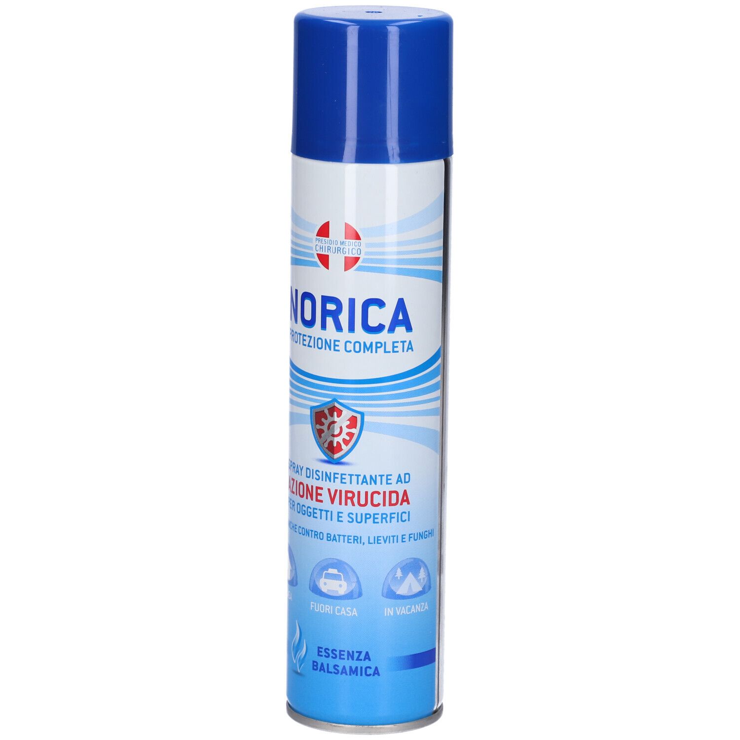 Zylindrische Sprühdose mit blauem Deckel. Aufschrift: Norica Protezione Completa, Spray Disinfettante. Essenza Balsamica.