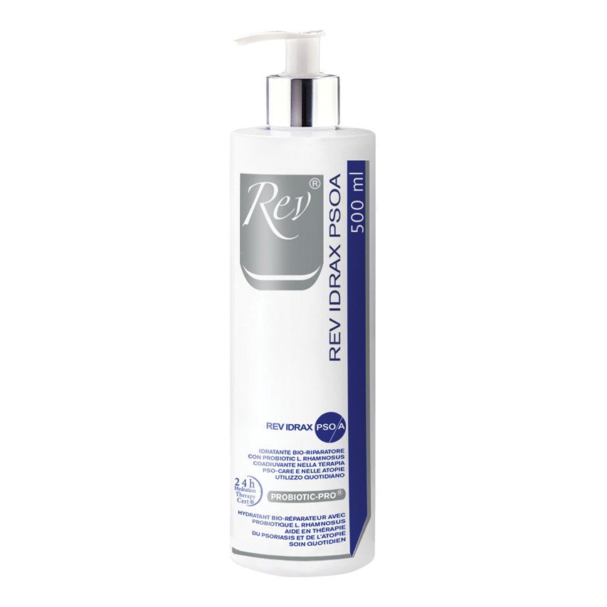 Flacone bianco con dosatore. Scritta: Rev Idrax Psoa, 500 ml. Dettagli blu e argento. Probiotic-Pro.