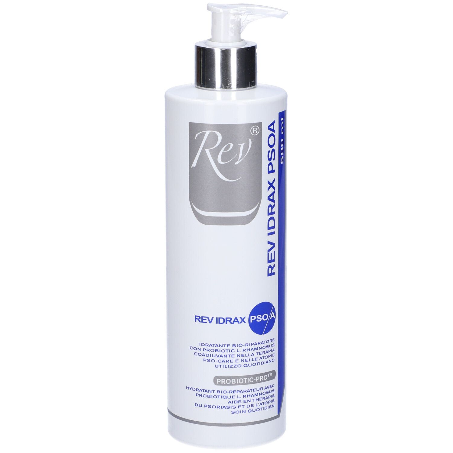 Flacone bianco con dosatore. Scritta: Rev Idrax Psoa. Dettagli blu e argento. Probiotic-Pro.
