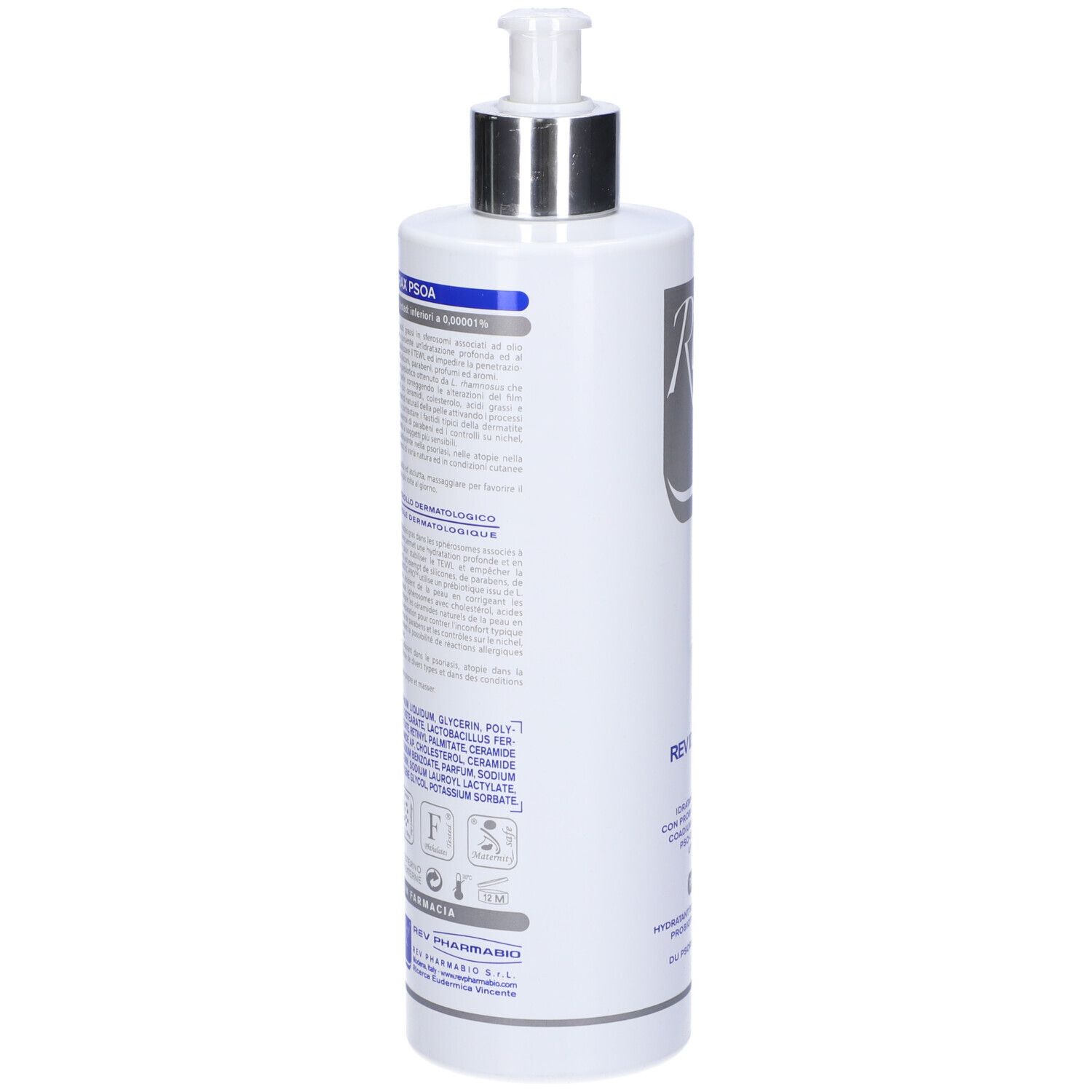 Retro di un flacone bianco con dosatore. Testo: Ingredienti, Rev Idrax Psoa. Vari simboli e loghi.