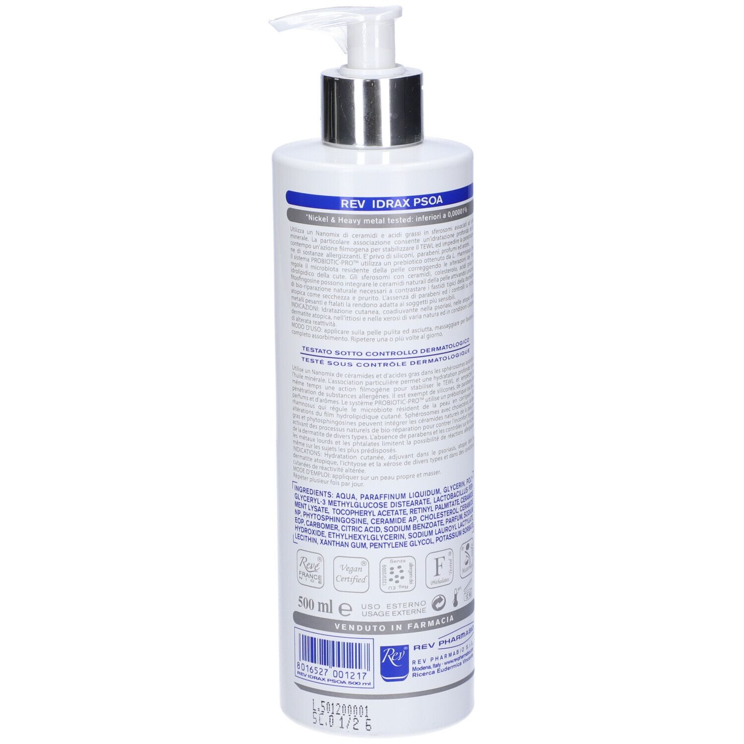 Retro di un flacone bianco con dosatore. Testo: Ingredienti, Rev Idrax Psoa, 500 ml. Vari simboli.