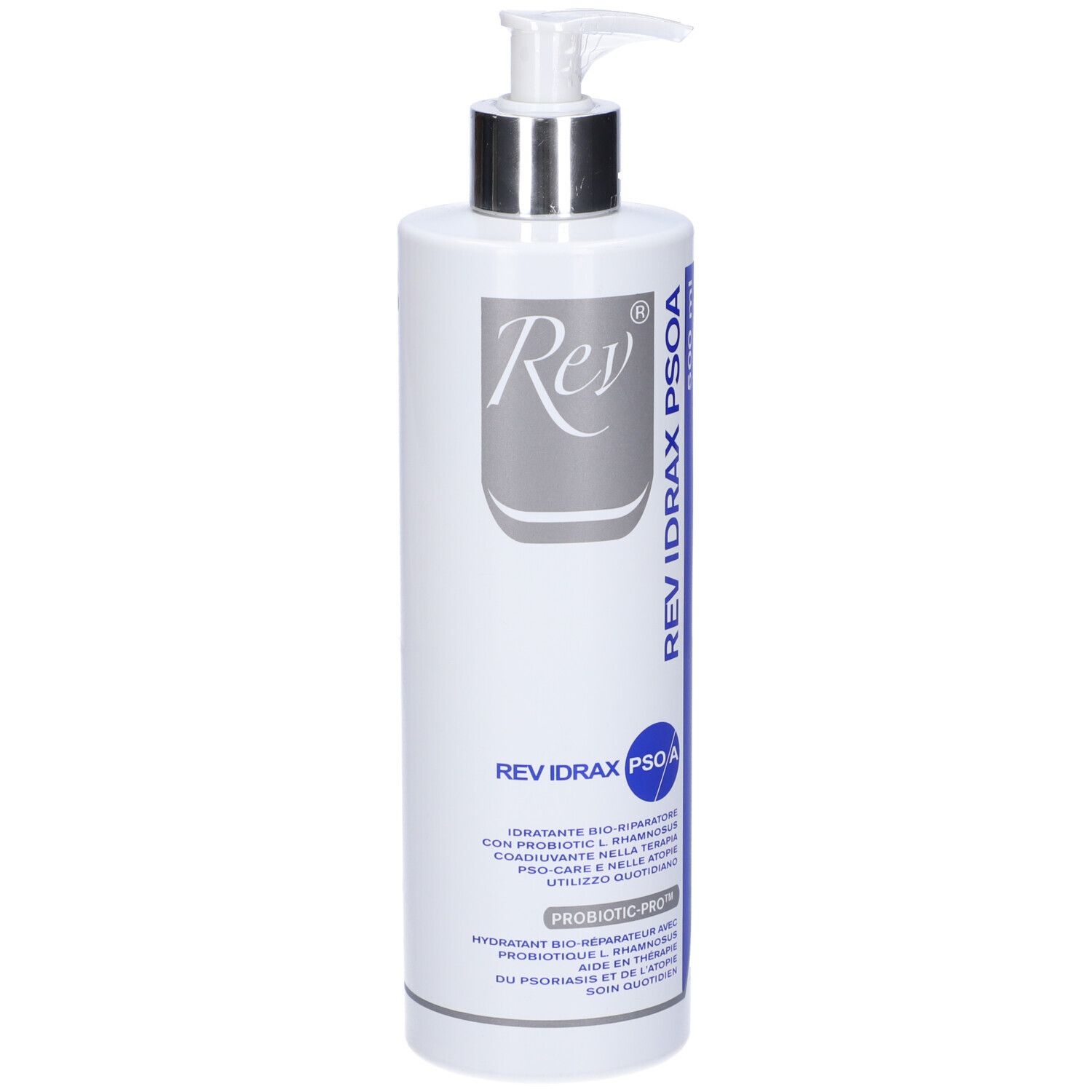 Flacone bianco con dosatore. Scritta: Rev Idrax Psoa. Dettagli blu e argento. Probiotic-Pro.