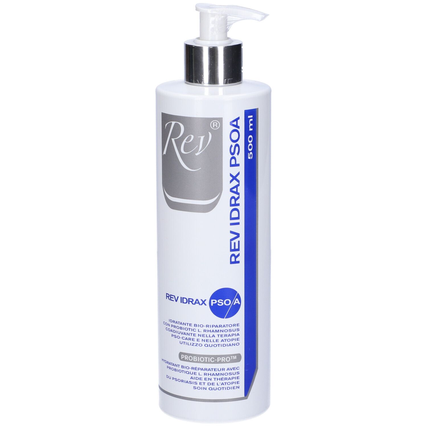 Flacone bianco con dosatore. Scritta: Rev Idrax Psoa, 500 ml. Dettagli blu e argento. Probiotic-Pro.