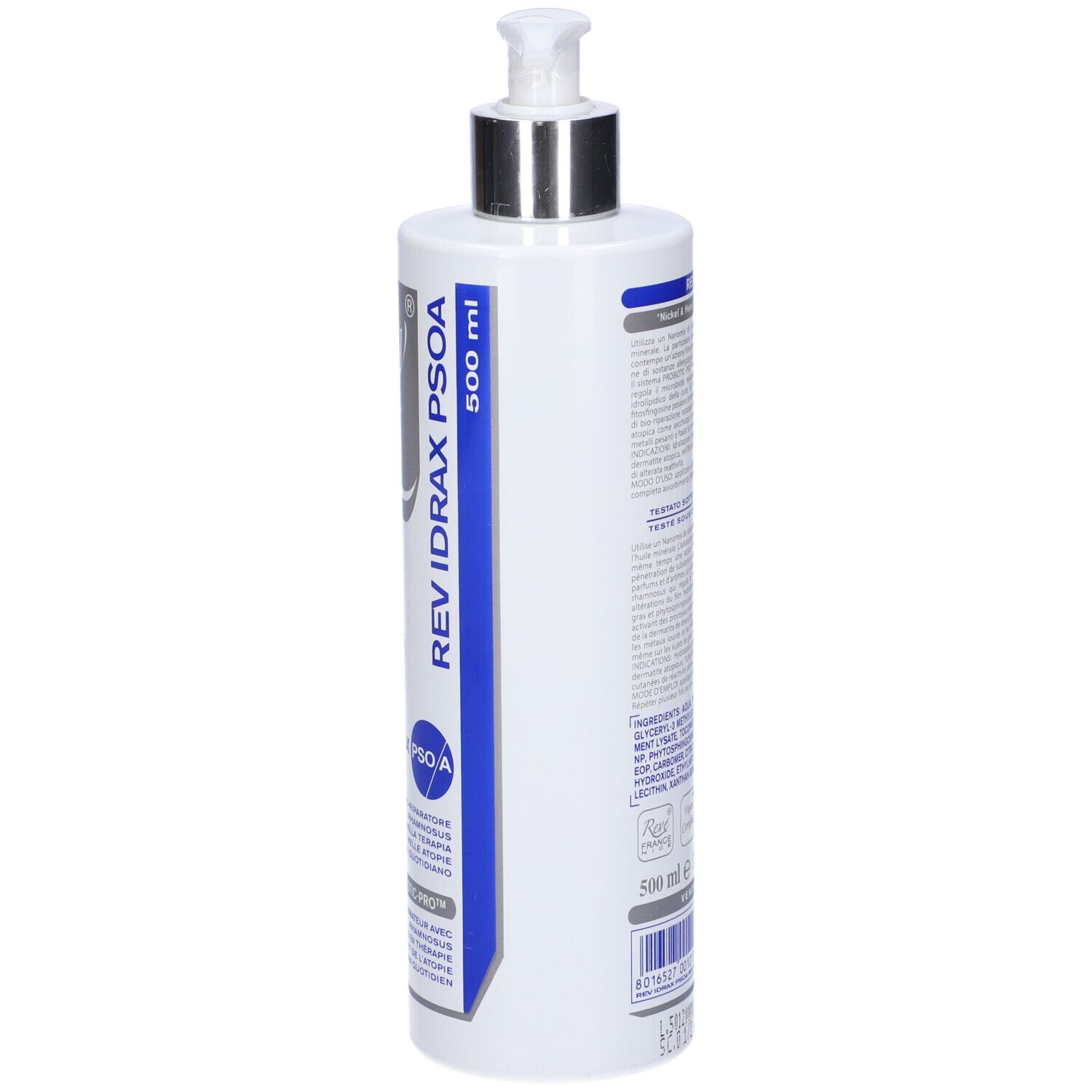 Flacone bianco con dosatore. Scritta: Rev Idrax Psoa, 500 ml. Dettagli blu e argento. Retro con testo.