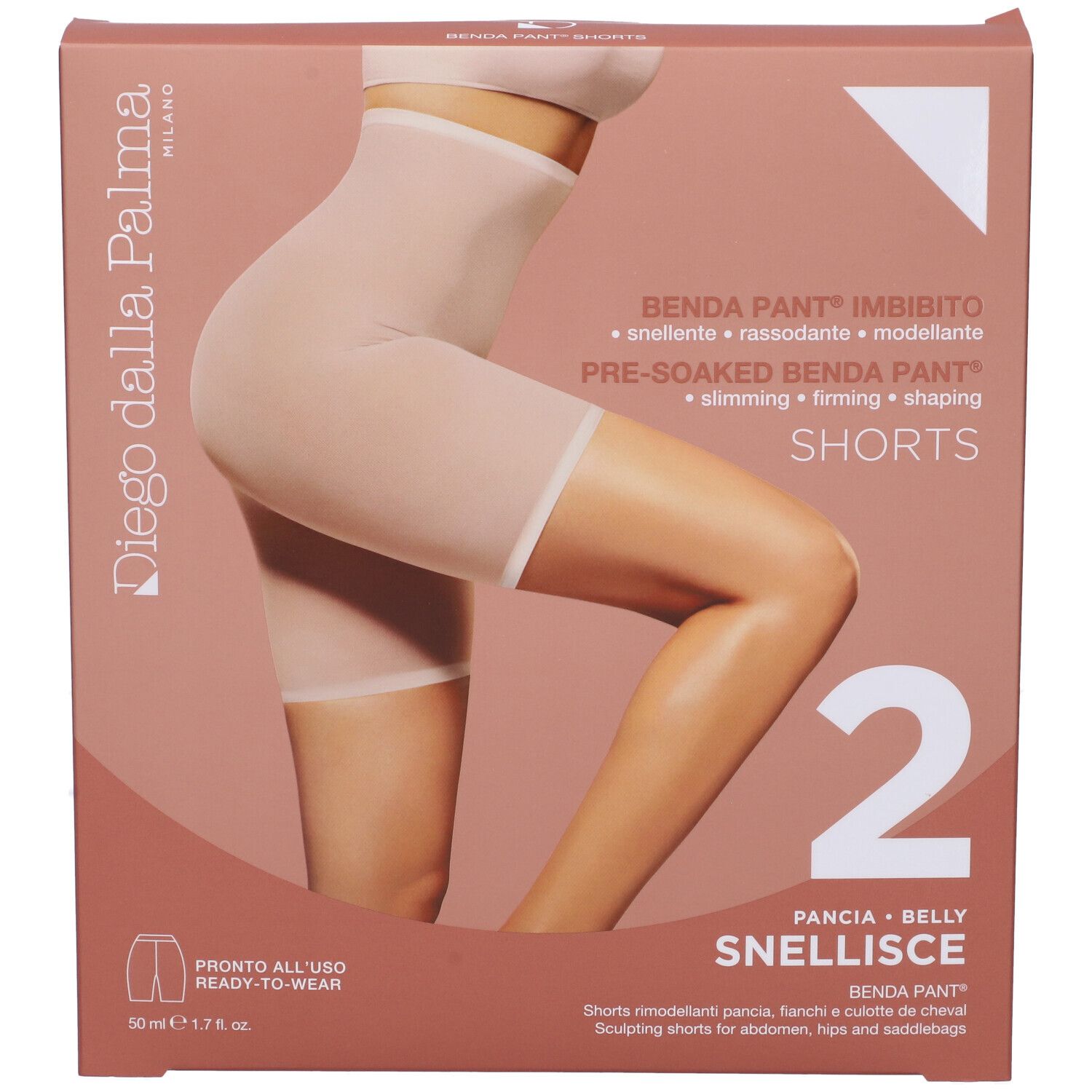 Confezione di shorts. Marchio Diego dalla Palma. Scritta: Benda Pant Shorts, pancia, 2 pezzi.