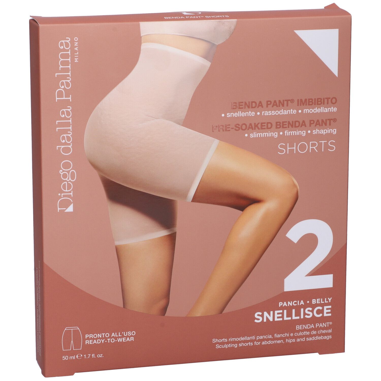 Confezione di shorts. Marchio Diego dalla Palma. Scritta: Benda Pant Shorts, pancia, 2 pezzi.