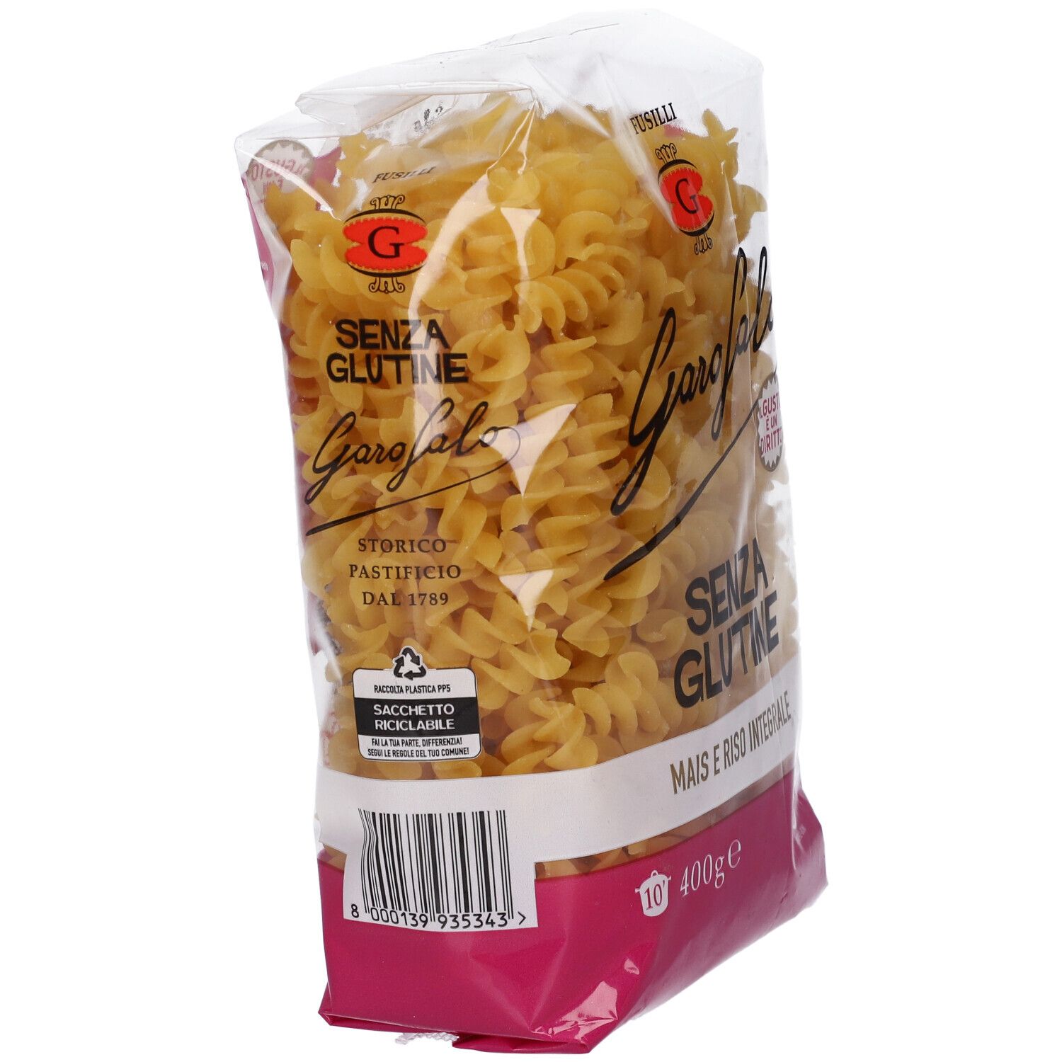 Confezione Garofalo Fusilli Senza Glutine, 400g. Con codice a barre e simbolo riciclo.
