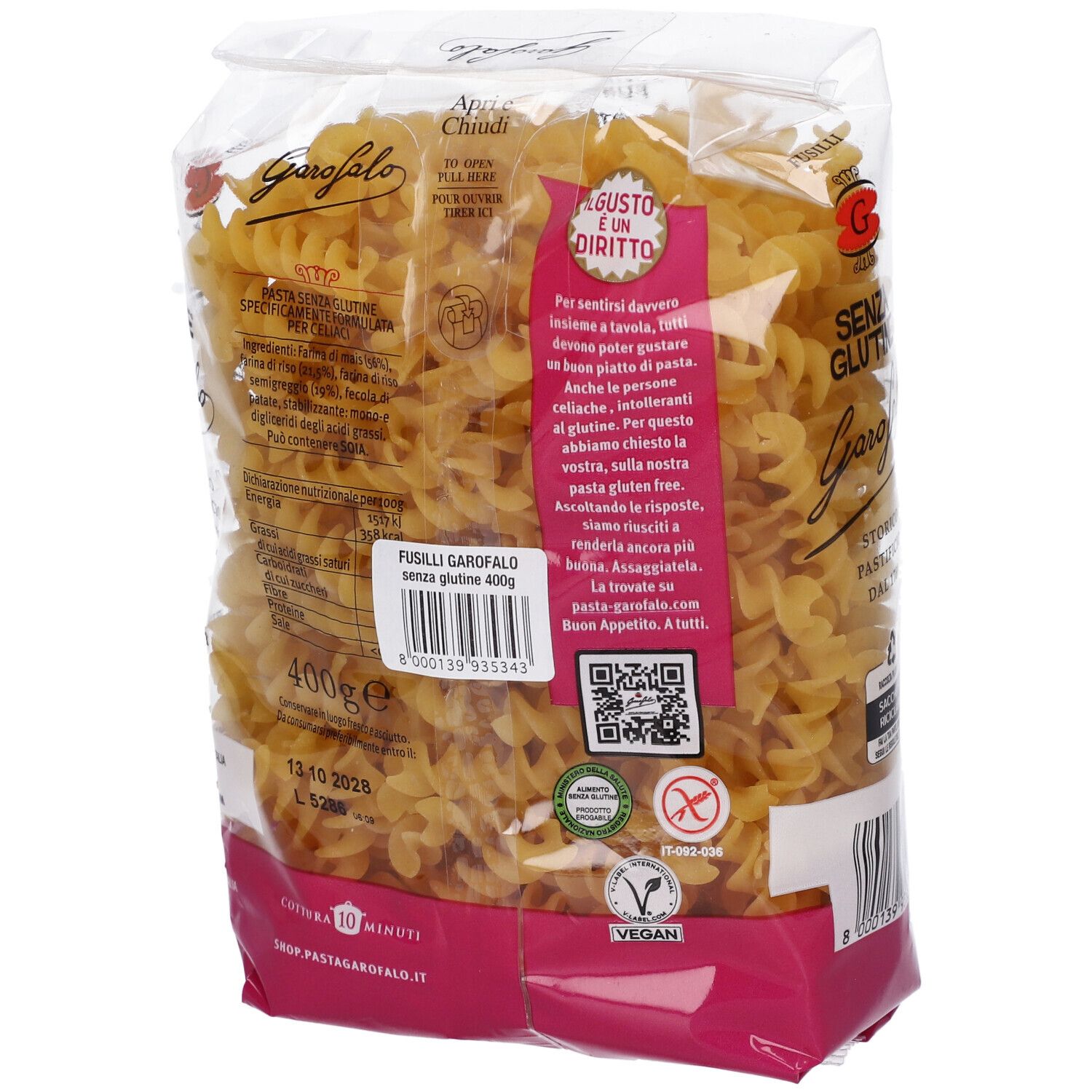 Retro confezione Garofalo Fusilli Senza Glutine. Contiene informazioni nutrizionali e logo Vegan.