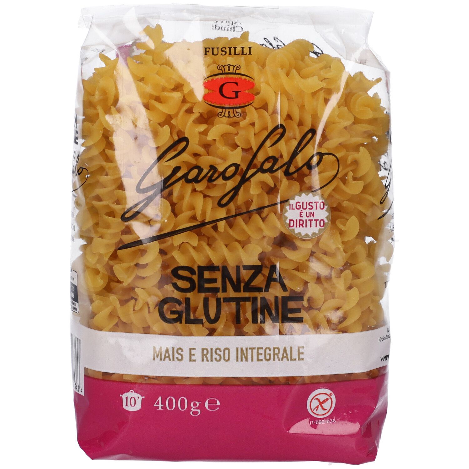 Confezione Garofalo Fusilli Senza Glutine, 400g. Mais e riso integrale.