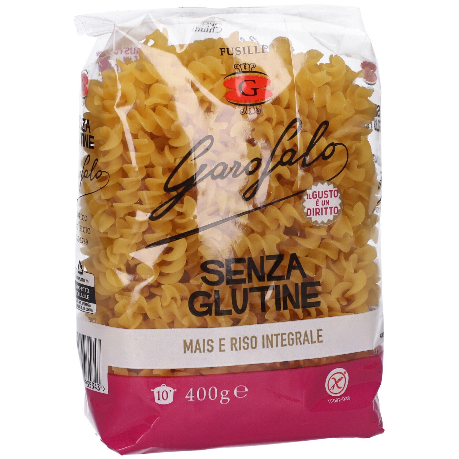 Confezione Garofalo Fusilli Senza Glutine, 400g. Con codice a barre e simbolo senza glutine.