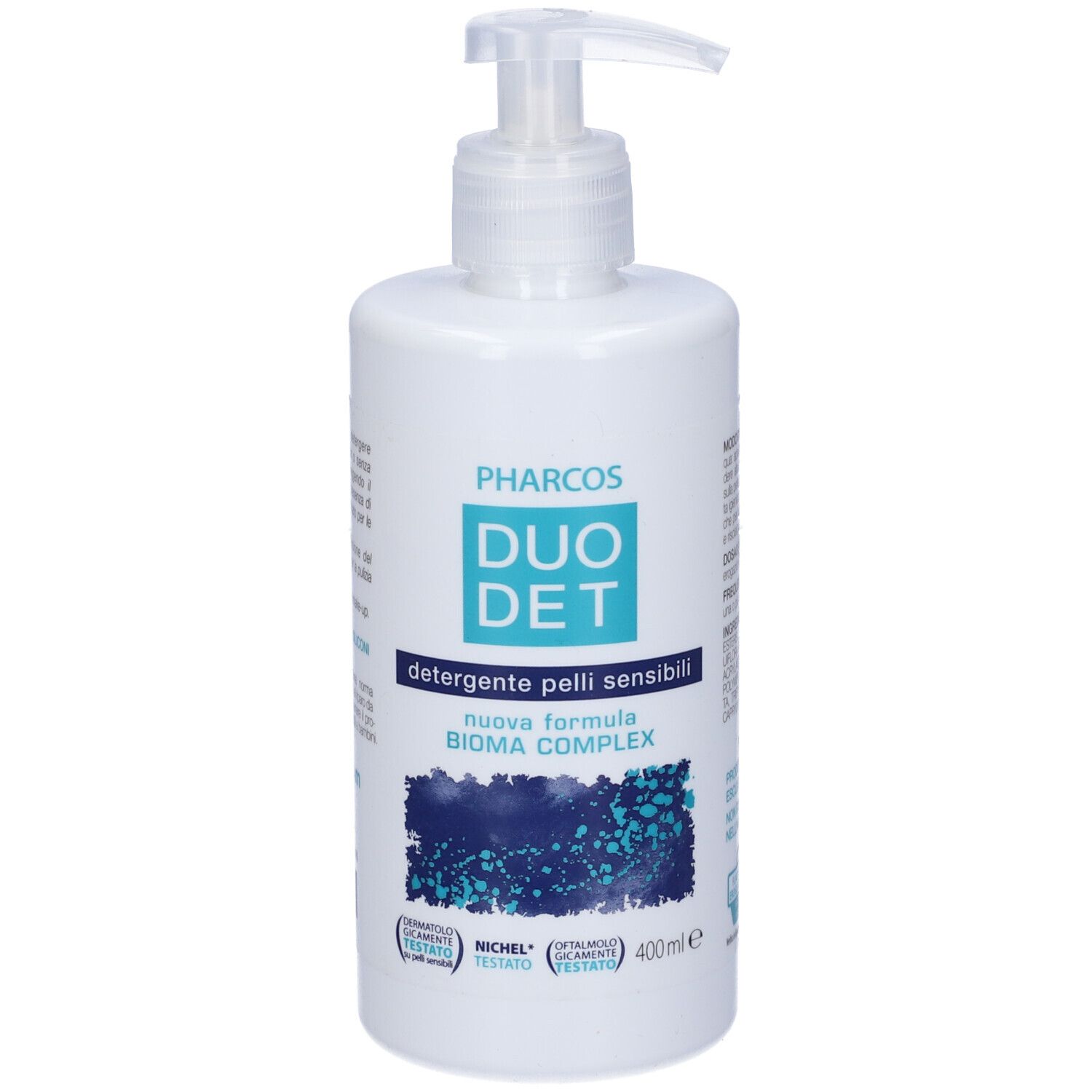 Flacone bianco con dosatore. Scritta: Pharcos, DUO DET, detergente pelli sensibili, BIOMA COMPLEX. 400ml.