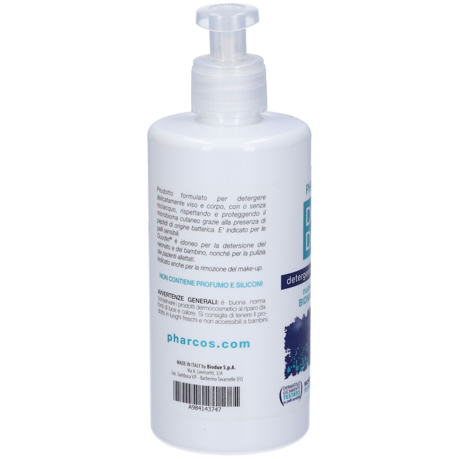 Retro del flacone bianco con dosatore. Testo: Pharcos.com, ingredienti, avvertenze, numero di lotto e data di scadenza.