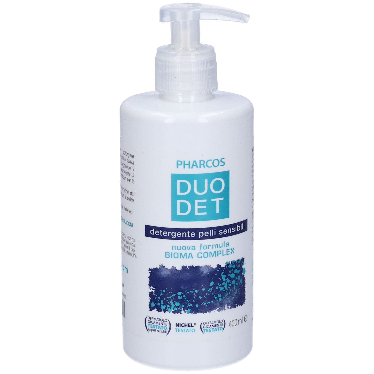 Flacone bianco con dosatore. Scritta: Pharcos, DUO DET, detergente pelli sensibili, BIOMA COMPLEX. 400ml.