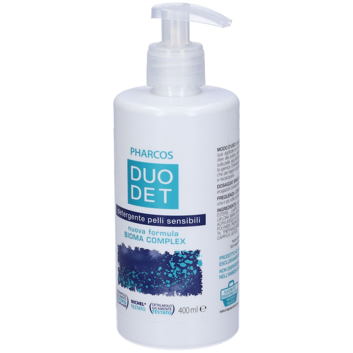 Flacone bianco con dosatore. Scritta: Pharcos, DUO DET, detergente pelli sensibili, BIOMA COMPLEX. 400ml.