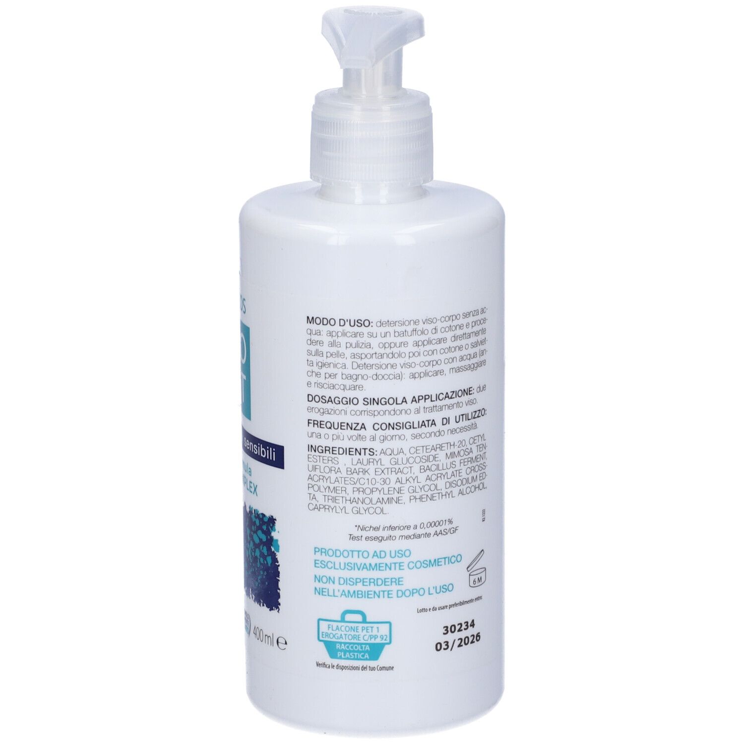 Retro del flacone bianco con dosatore. Testo: ingredienti, istruzioni per l'uso, numero di lotto e data di scadenza.