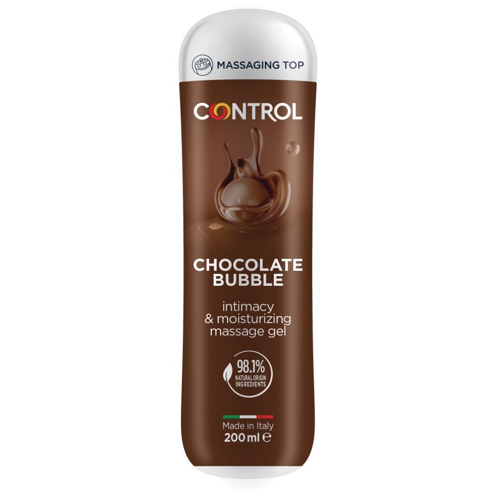 Braune Flasche mit weißem Deckel. Aufschrift: CONTROL, CHOCOLATE BUBBLE, 98,1% natürliche Inhaltsstoffe. Hergestellt in Italien.