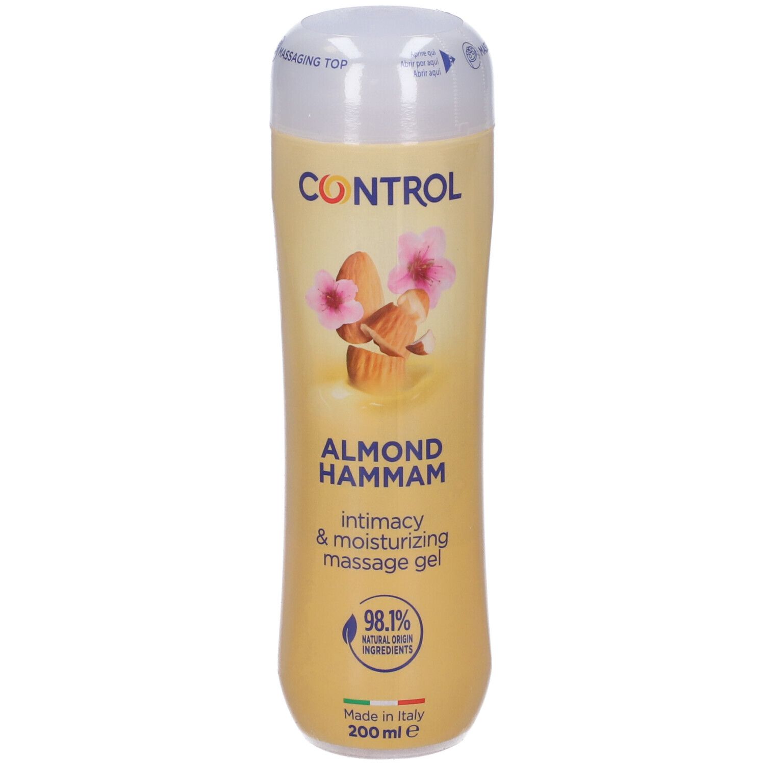 Flacone di gel. Logo "CONTROL", illustrazione mandorle, "ALMOND HAMMAM", "intimacy & moisturizing massage gel". 200 ml.