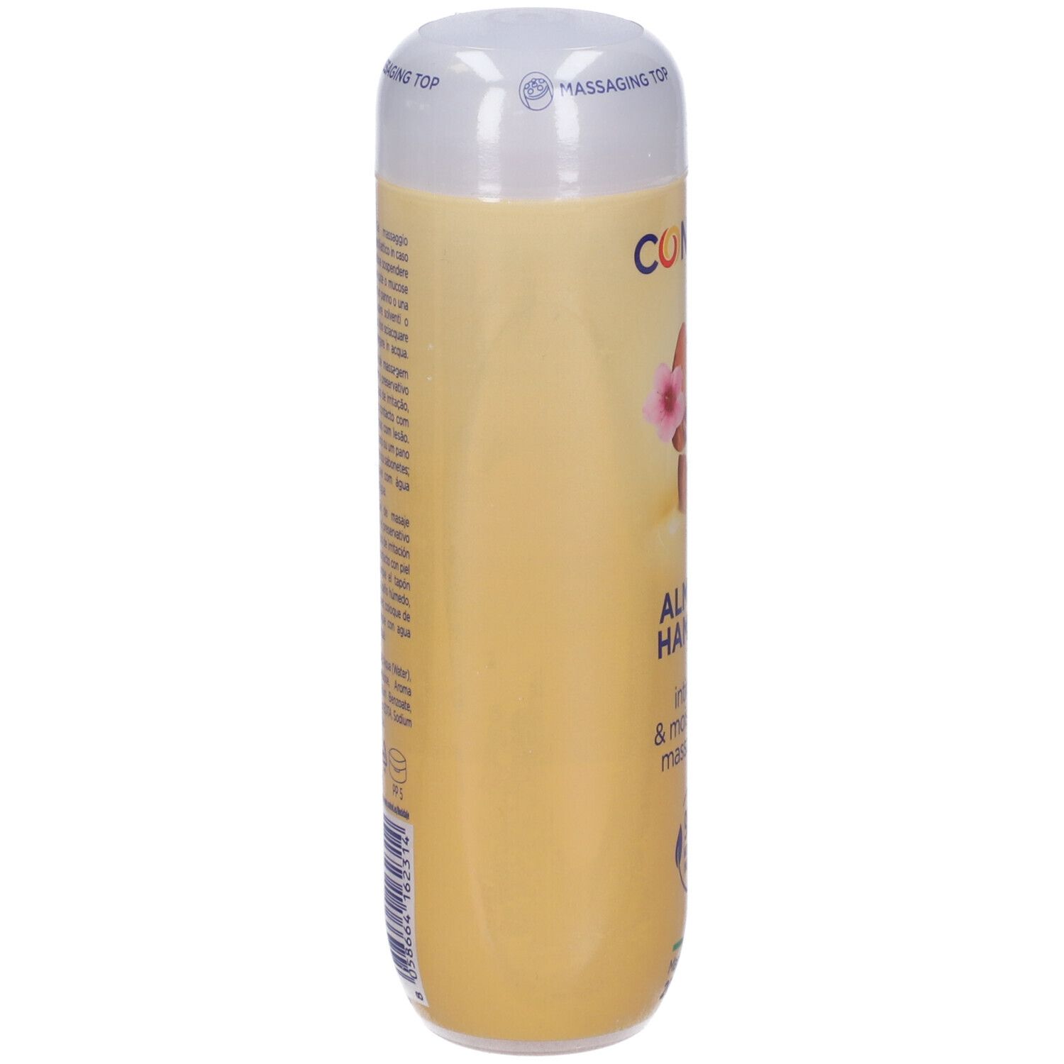 Flacone di gel giallo. Logo "CONTROL", "ALMOND HAMMAM", "intimacy & moisturizing massage gel". Testo sul retro.