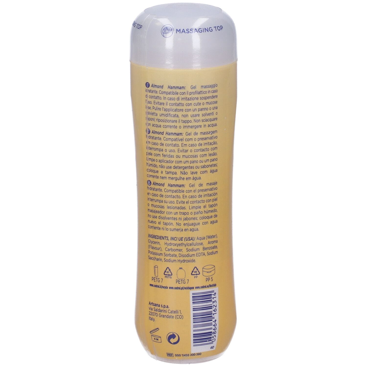 Flacone di gel giallo. Retro con testo, ingredienti, indirizzo produttore. "ALMOND HAMMAM" e "massage gel".